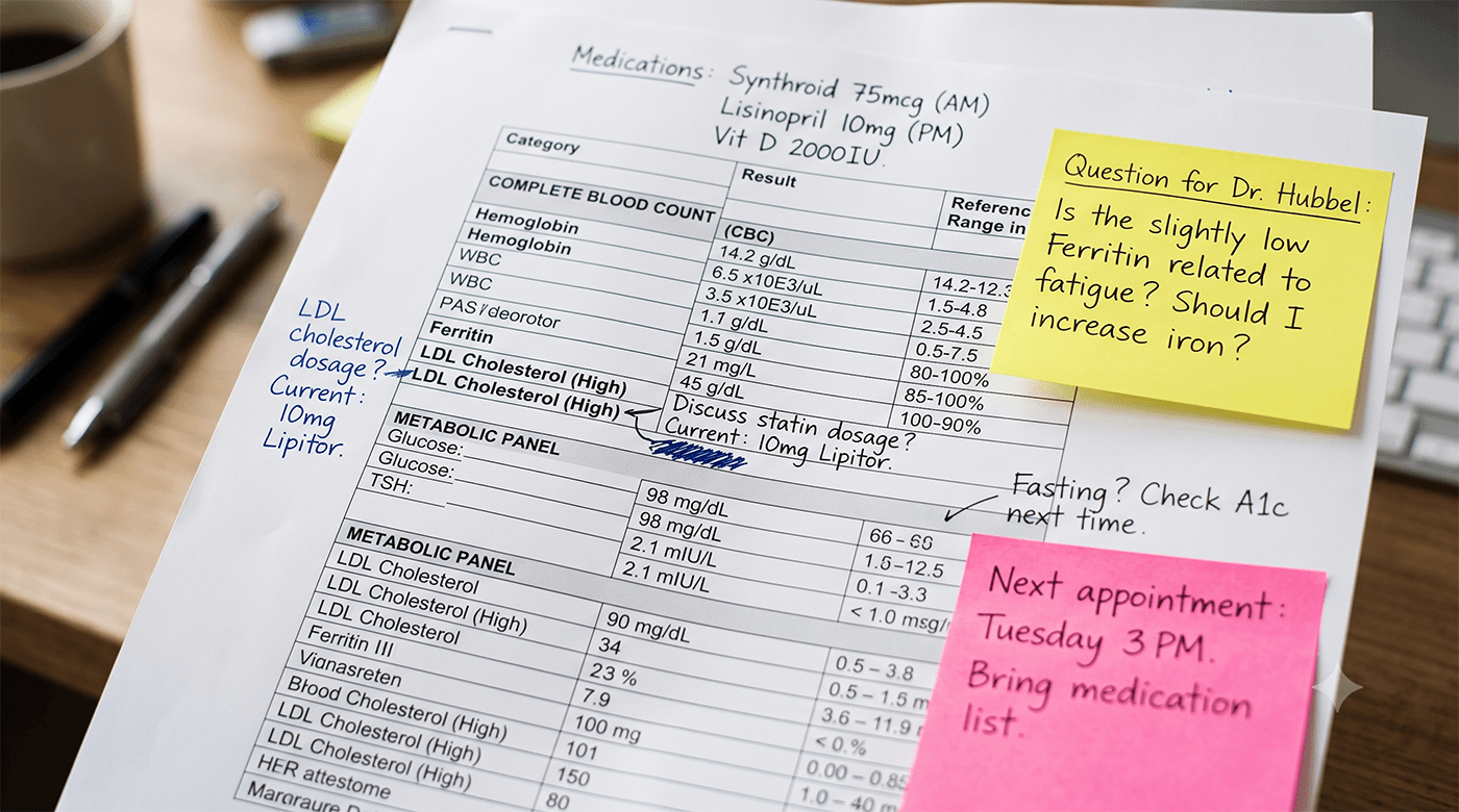 Lab report with notes and questions prepared for a doctor visit